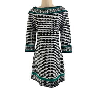 Max Studio Black Green White Boatneck Geometric Print Dress Sheath Size M Office